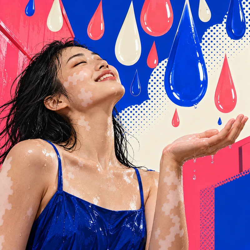 彩色雨滴下仰脸微笑的人物